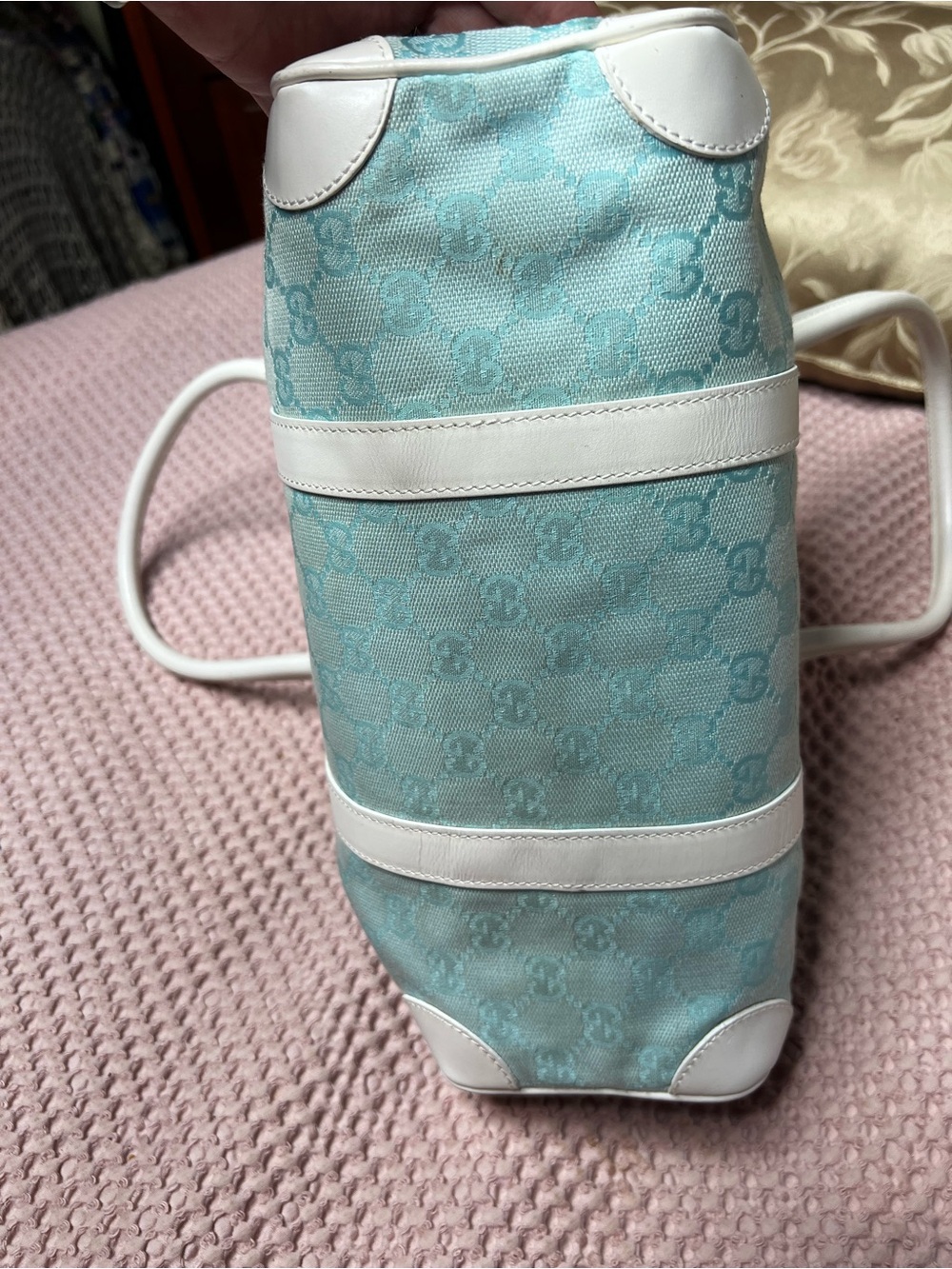 Gucci Vintage Light Blue/Teal GG Canvas Boston Satchel Bag - Picture 12 of 13
